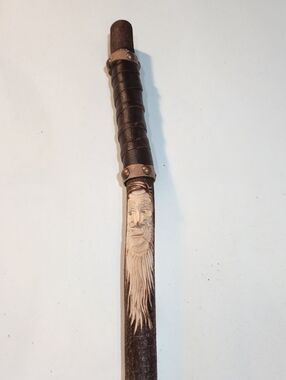 Hand Carved Tree Spirit Walking Stick/Staff/Cane with Leather Grip 51"